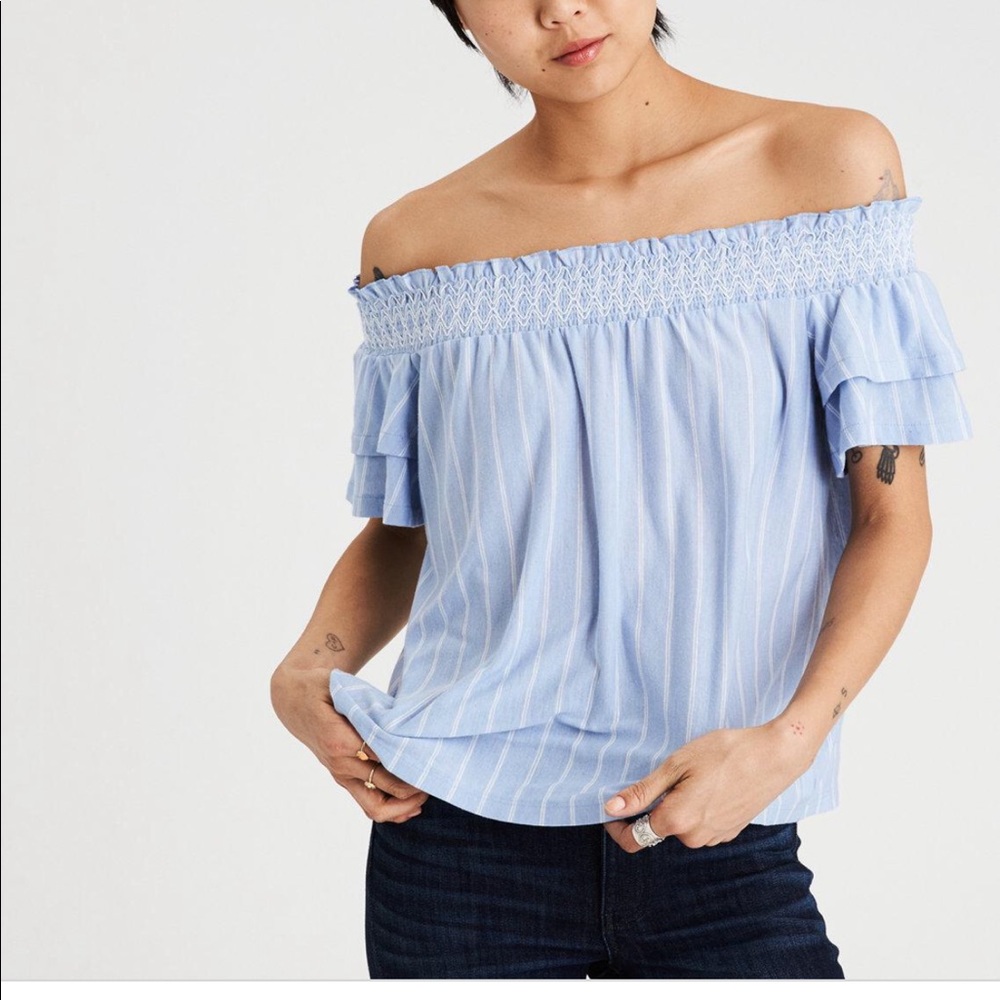 Off the shoulder blue shirt
